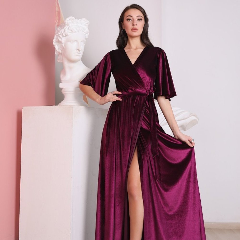 ❗️NEW❗️Marsala Velvet Flutter Sleeves Long Wrap Dress